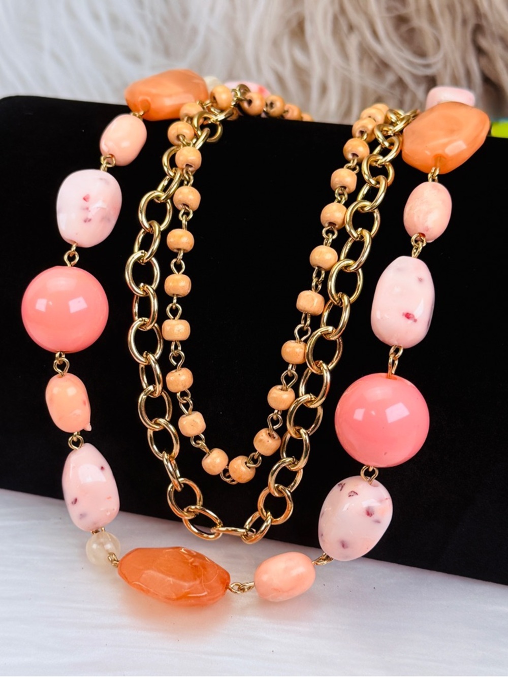 Vintage goldtone, speckled bead, three tier long statement necklace